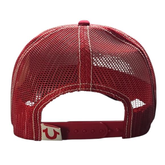True Religion Red Trucker Hat Snapback OSFM Men's Y2K Streetwear Buddha Logo NEW - Picture 6 of 8